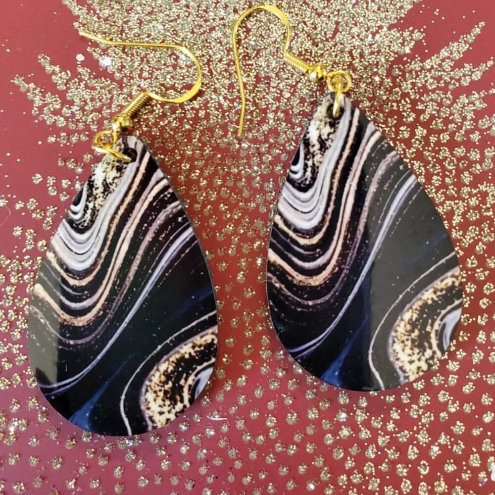 Black Gold Abstract Teardrop Earrings